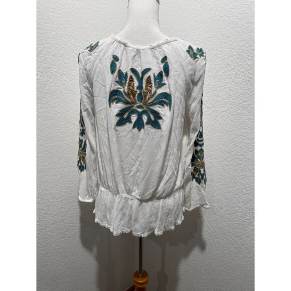 Soft Surroundings Shirt Sz S White Green Embroidered Sequins Tassel Boho Top - Picture 4 of 12